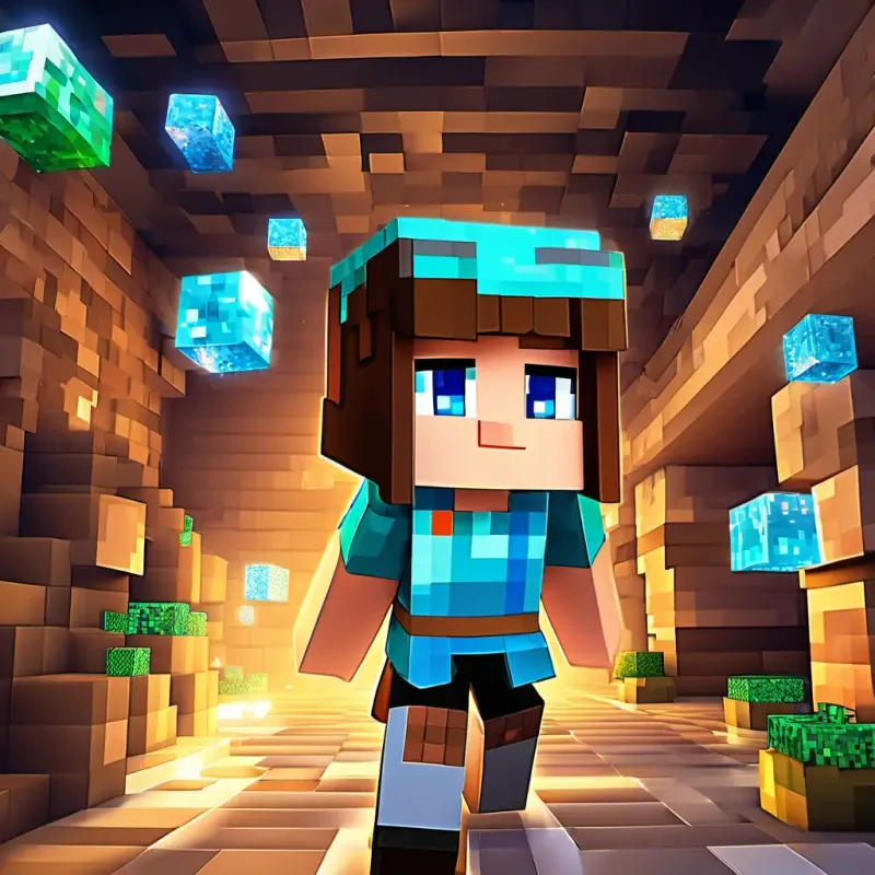 A little girl with brown hair and sparkling blue eyes returning to the real world with new skills learned from Minecraft