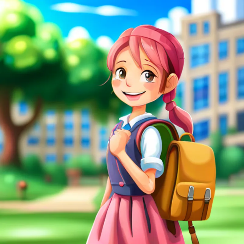 A happy and helpful girl with pigtails, wearing a pink dress smiling, carrying a backpack, with school building