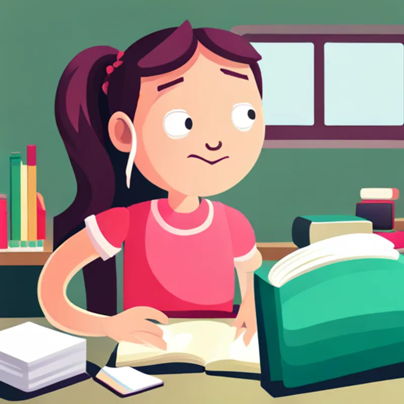 A happy and helpful girl with pigtails, wearing a pink dress looking worried with math book on her desk