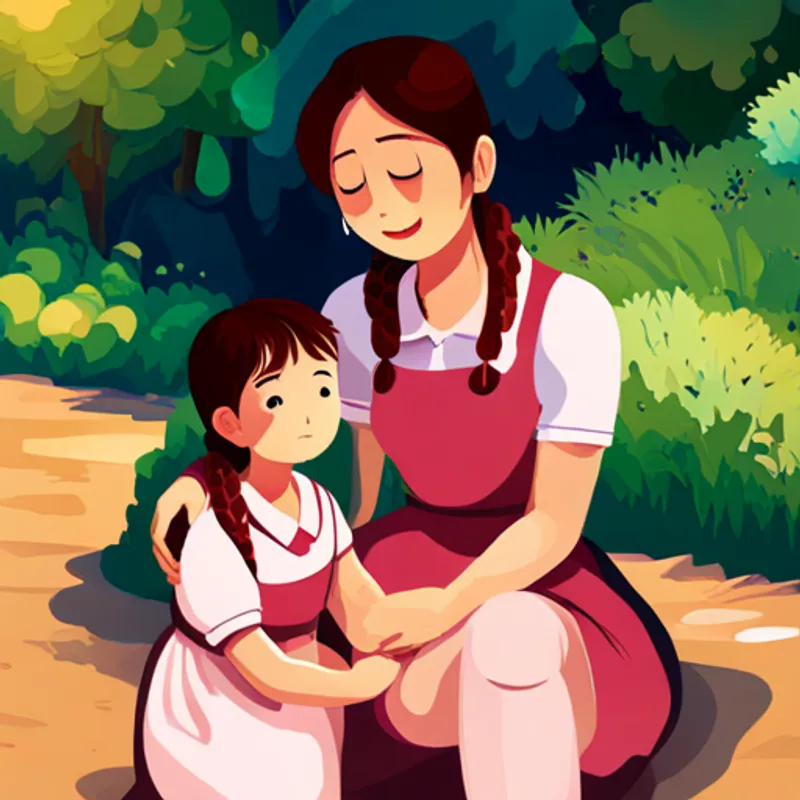 Mrs Henderson comforting A happy and helpful girl with pigtails, wearing a pink dress, looking concerned