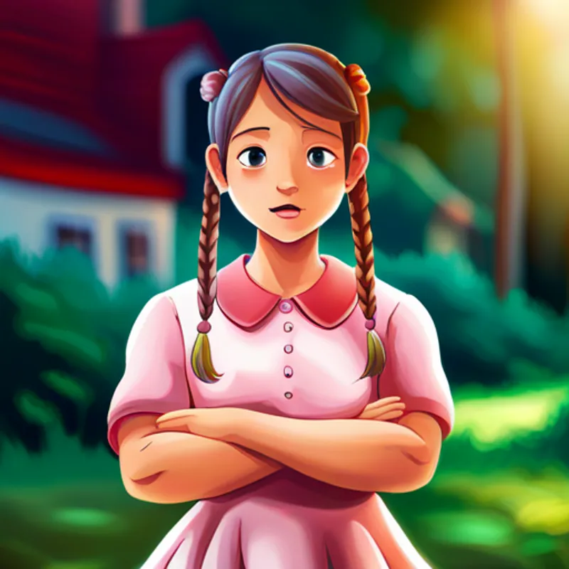 A happy and helpful girl with pigtails, wearing a pink dress gesturing with her hands, looking apologetic