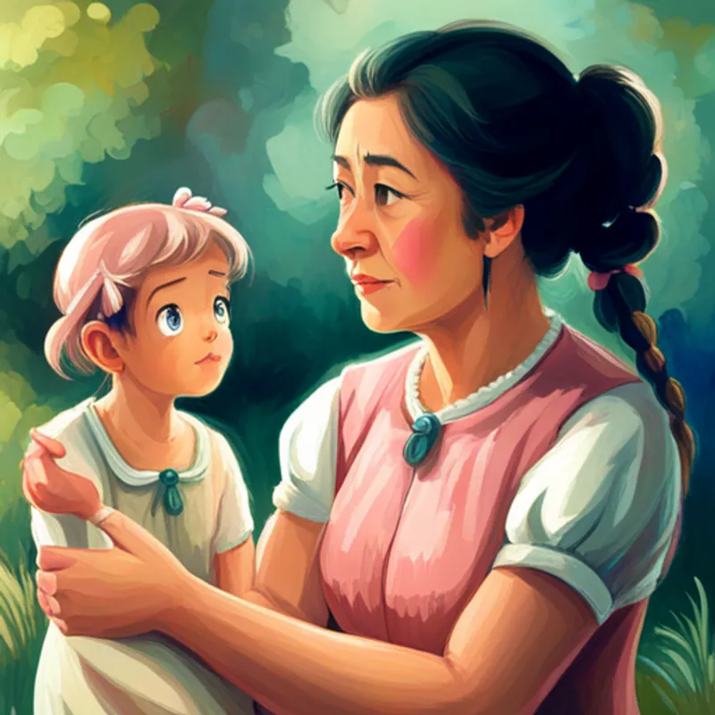 Mrs Henderson giving a gentle reminder, pointing at A happy and helpful girl with pigtails, wearing a pink dress