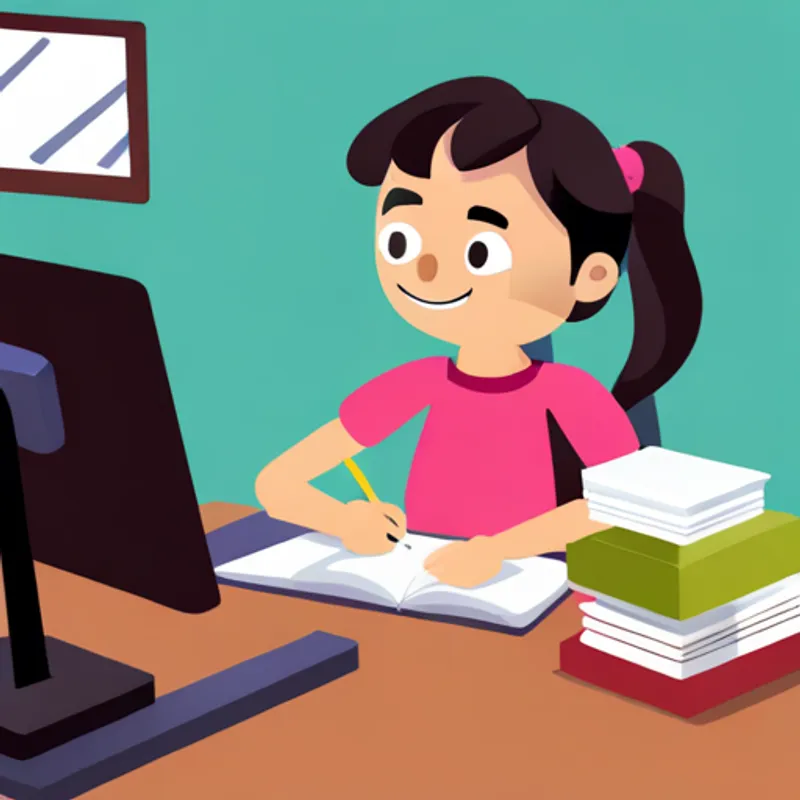 A happy and helpful girl with pigtails, wearing a pink dress happily working on her homework at her desk