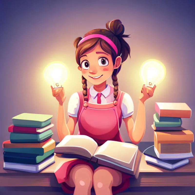 A happy and helpful girl with pigtails, wearing a pink dress having a lightbulb moment, with books and notebook