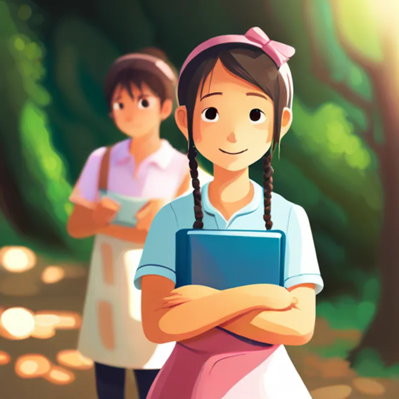 A happy and helpful girl with pigtails, wearing a pink dress helping her friends with a project, smiling