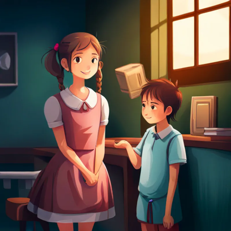 A happy and helpful girl with pigtails, wearing a pink dress standing with her friends and teacher, showing kindness