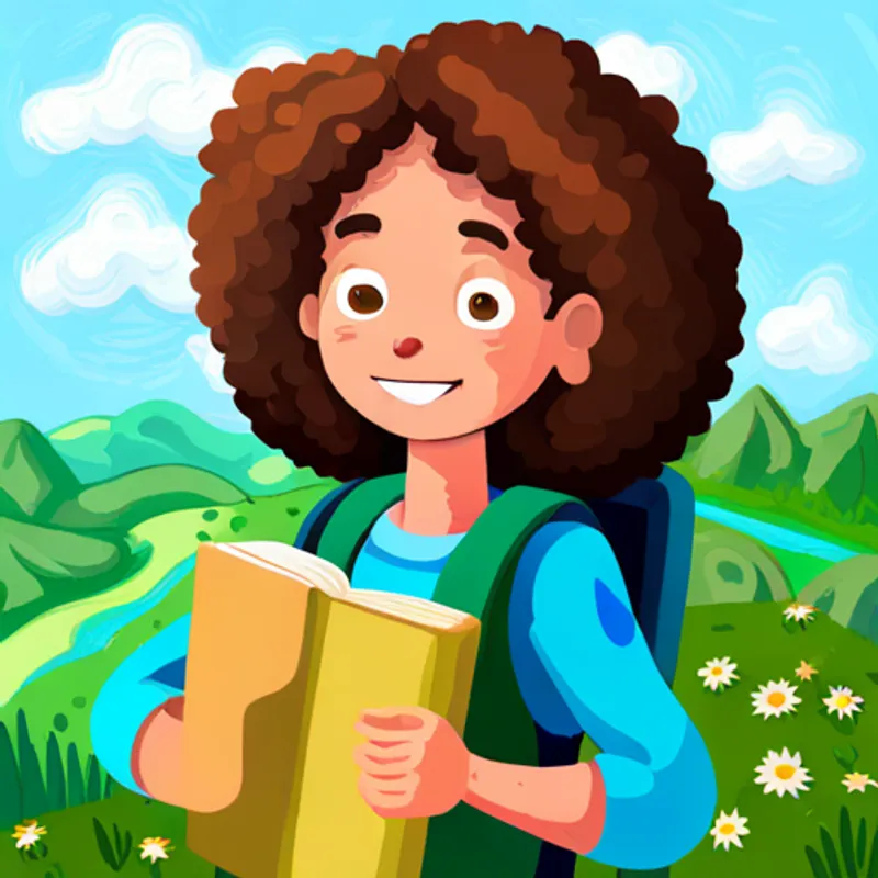Curly-haired girl with a backpack and binoculars holding a book about animals, smiling