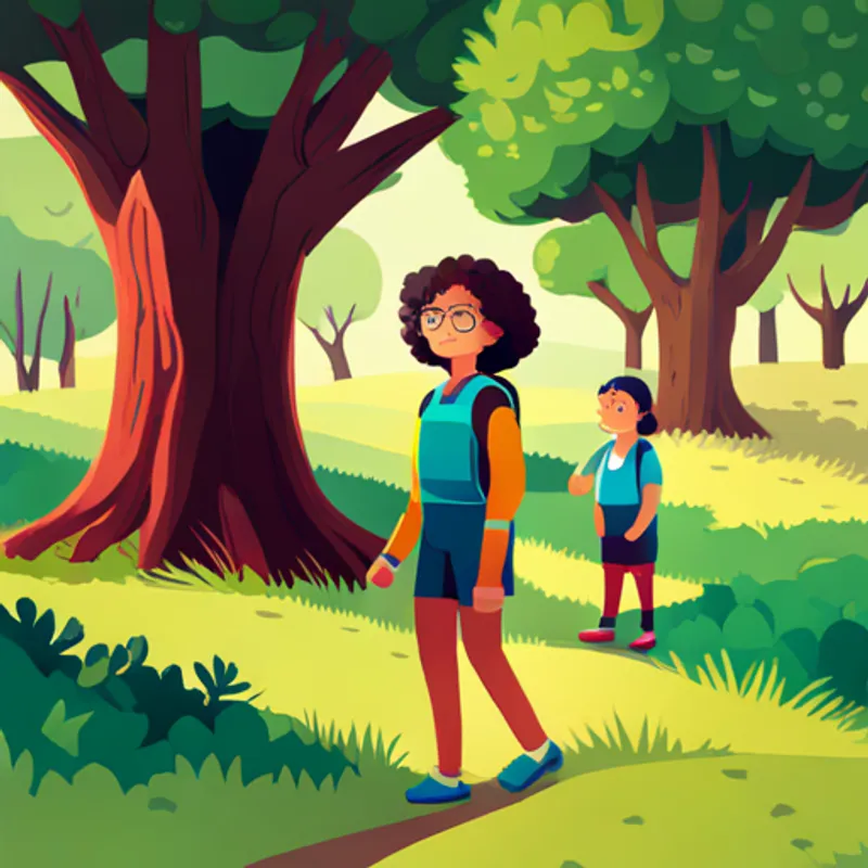 Curly-haired girl with a backpack and binoculars walking with her parents under the trees