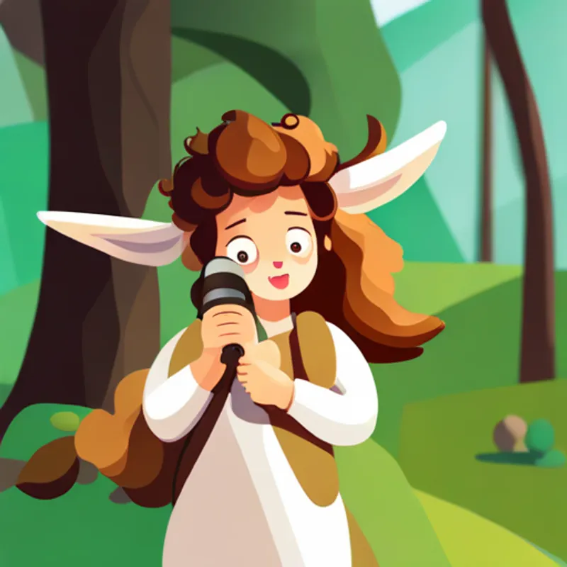 Curly-haired girl with a backpack and binoculars whispering to a friendly Graceful deer with soft brown fur, smiling