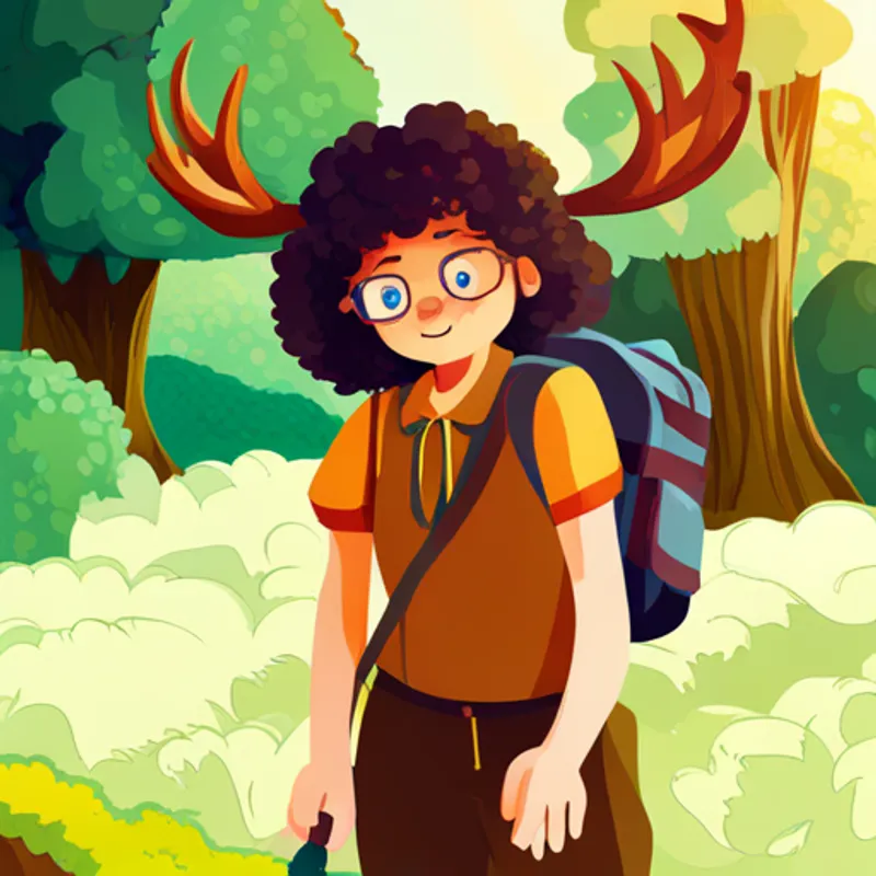 Curly-haired girl with a backpack and binoculars patting a Graceful deer with soft brown fur, both happy