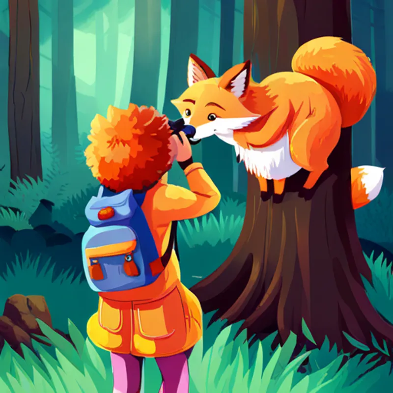 Curly-haired girl with a backpack and binoculars waving at a Cunning fox with orange fur and a bushy tail, saying 'hello'