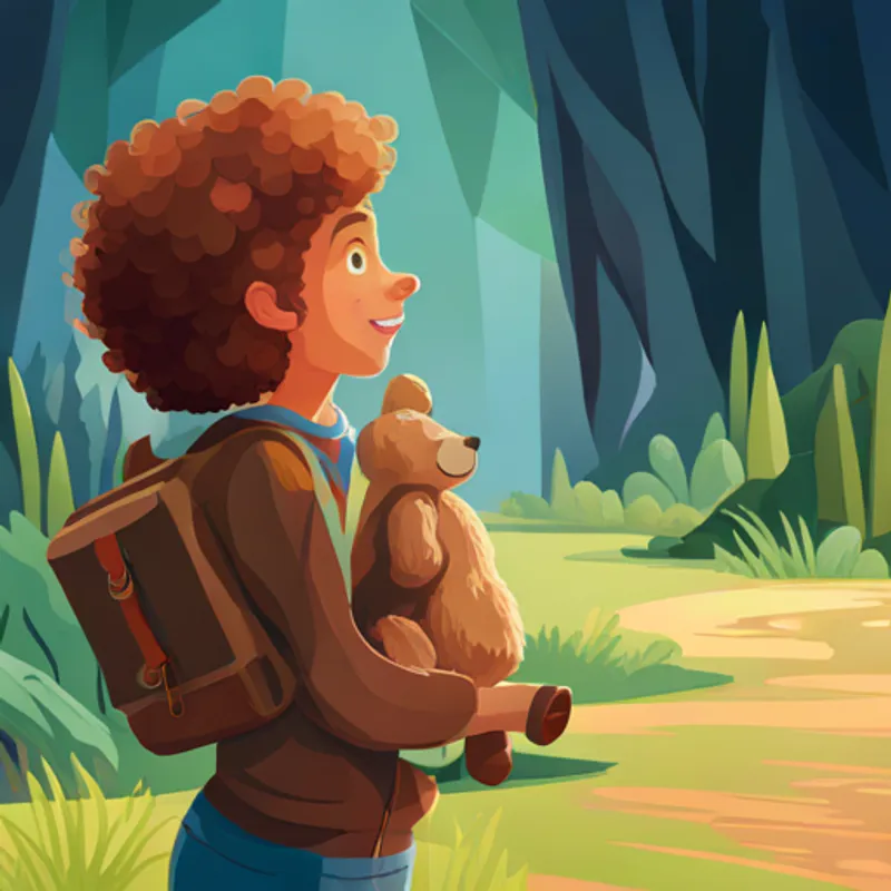 Curly-haired girl with a backpack and binoculars talking to a Friendly bear with brown fur and a big smile, keeping a safe distance