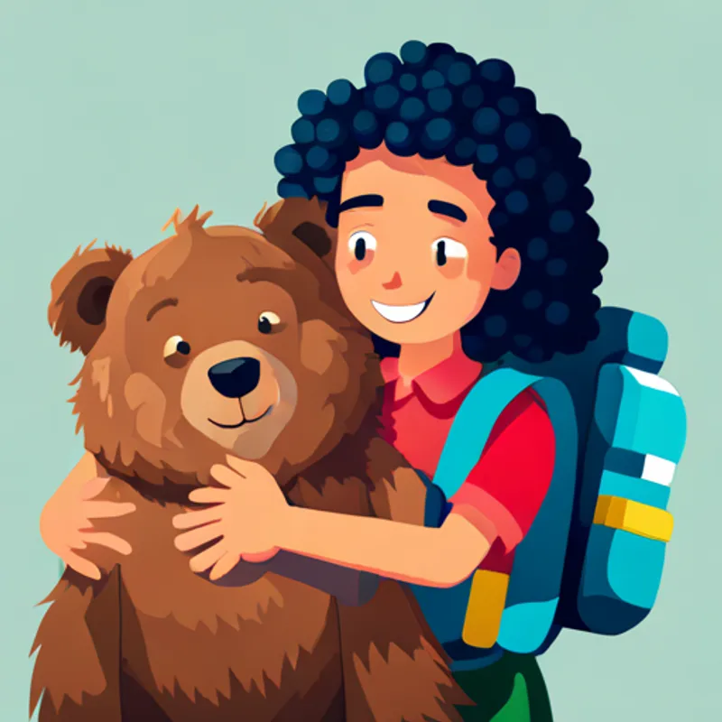 Curly-haired girl with a backpack and binoculars and the Friendly bear with brown fur and a big smile sharing a hug, happy