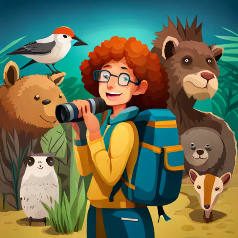 Curly-haired girl with a backpack and binoculars surrounded by various animals, smiling and learning