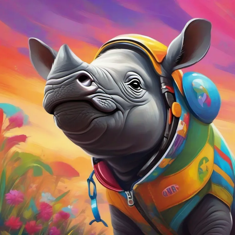 Baby rhino with a friendly smile and a colorful bike helmet the baby rhino dreaming about riding a bike, colorful