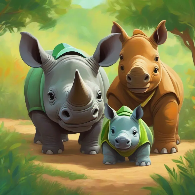 Baby rhino with a friendly smile and a colorful bike helmet talking to his Rhino mom with kind eyes and a loving expression, green and brown