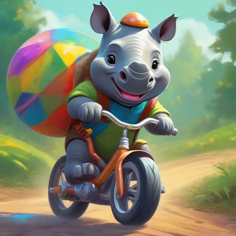 Baby rhino with a friendly smile and a colorful bike helmet practicing riding a bike, determined and adventurous