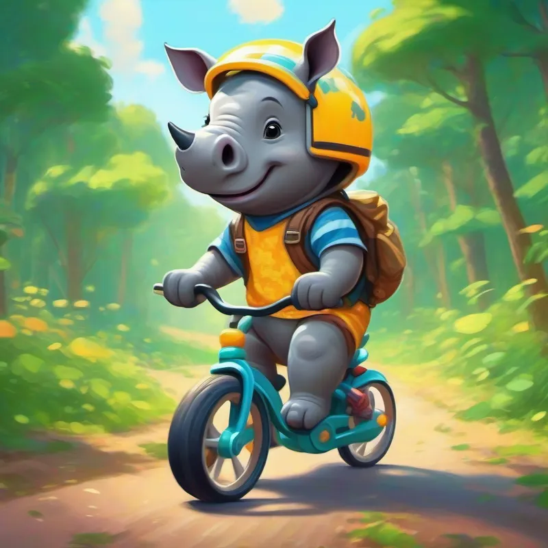 Baby rhino with a friendly smile and a colorful bike helmet riding a bike happily, surrounded by trees and sunshine