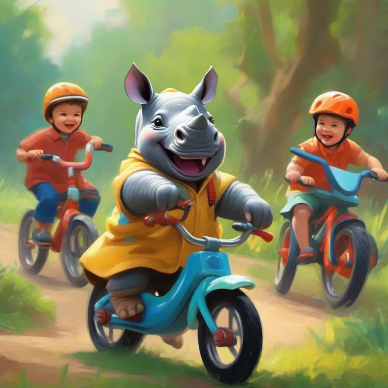 Baby rhino with a friendly smile and a colorful bike helmet's friends watching him ride a bike, excited and curious
