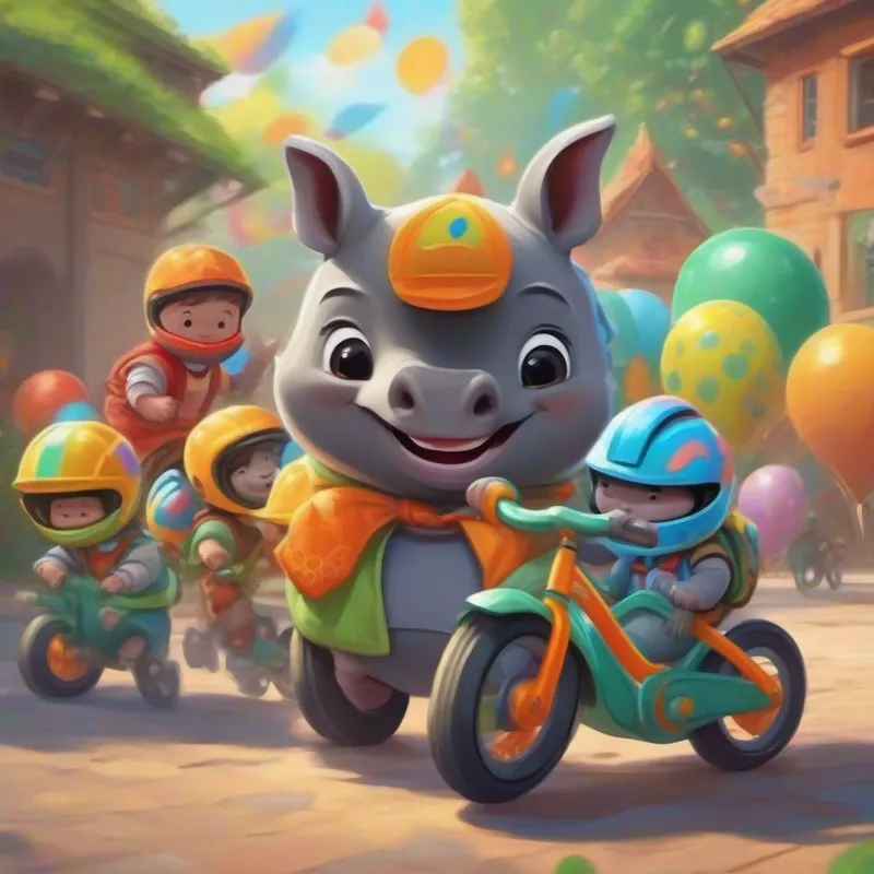 Baby rhino with a friendly smile and a colorful bike helmet teaching his friends to ride a bike, happy and helpful