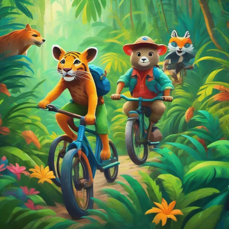 Jungle animals riding bikes together in the colorful jungle