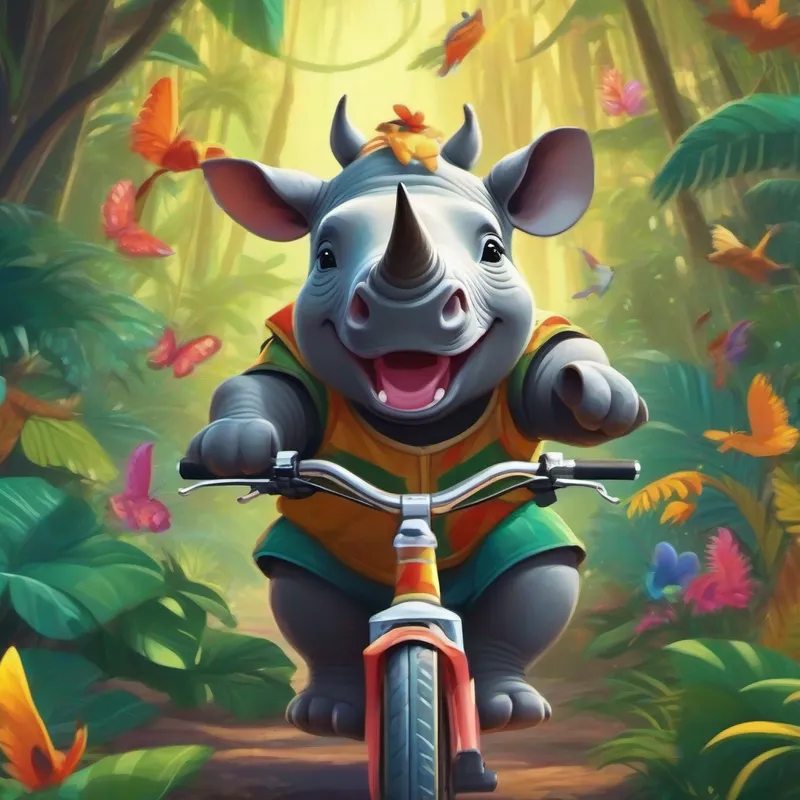 Baby rhino with a friendly smile and a colorful bike helmet the hero riding a bike, surrounded by cheering jungle animals