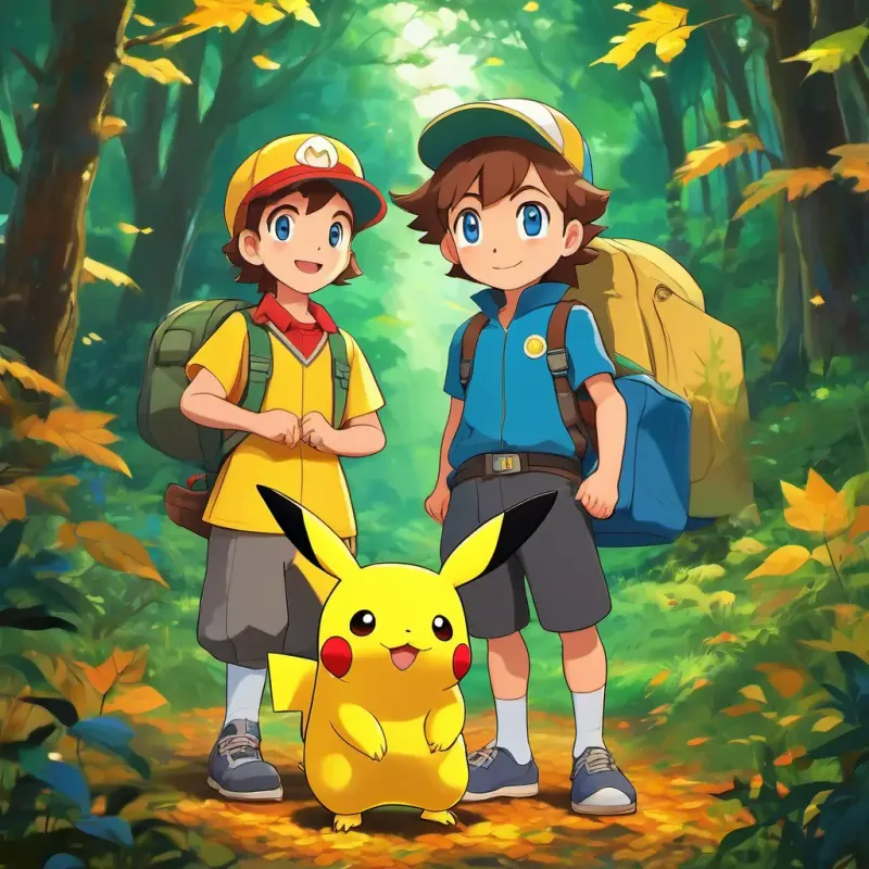 A brave and determined young trainer, with brown hair and bright blue eyes and A yellow Pokemon with rosy cheeks and sparkly brown eyes standing in front of a lush green forest, ready for their adventure