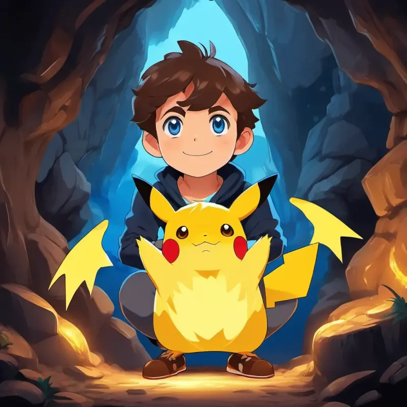 A brave and determined young trainer, with brown hair and bright blue eyes and A yellow Pokemon with rosy cheeks and sparkly brown eyes entering a dark cave, with glowing eyes peeking out from the shadows