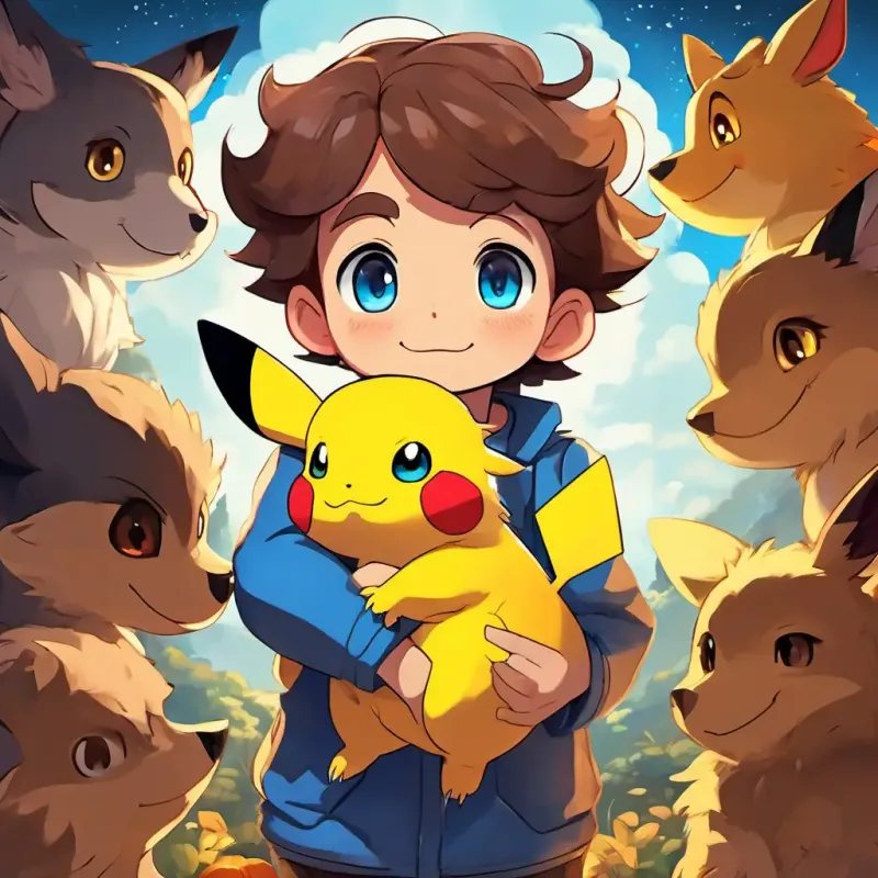 A brave and determined young trainer, with brown hair and bright blue eyes, A yellow Pokemon with rosy cheeks and sparkly brown eyes, and A fluffy brown Pokemon with big round brown eyes huddled together, showing empathy and support