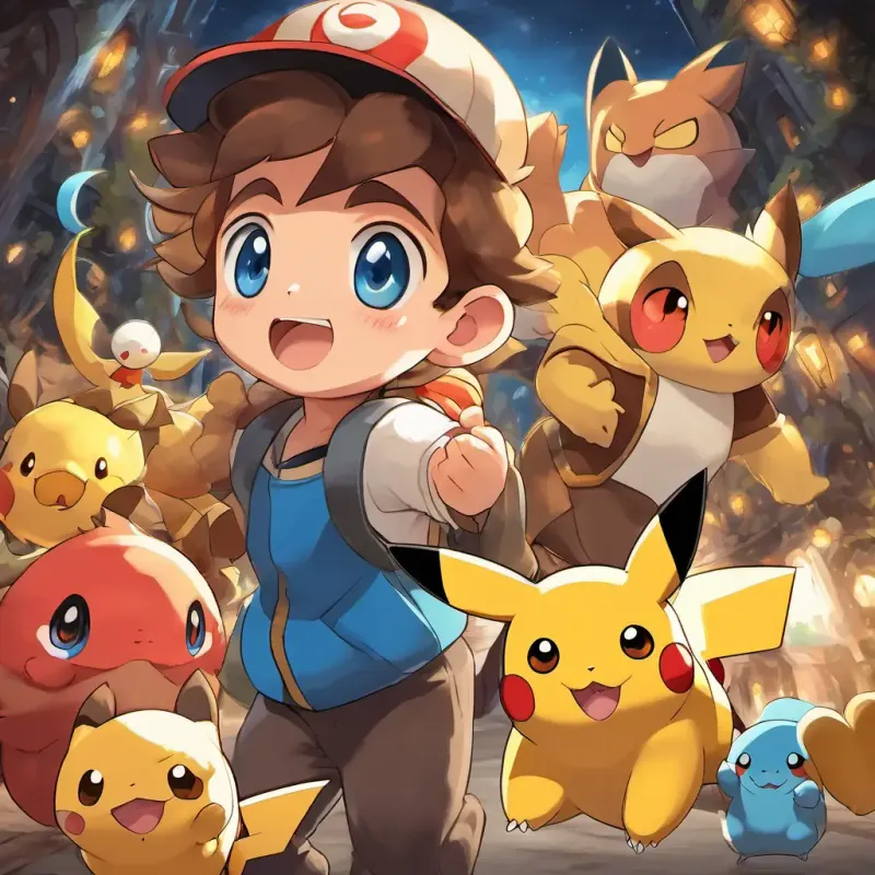A brave and determined young trainer, with brown hair and bright blue eyes, A yellow Pokemon with rosy cheeks and sparkly brown eyes, and A fluffy brown Pokemon with big round brown eyes walking hand in hand, with other Pokemon cheering them on