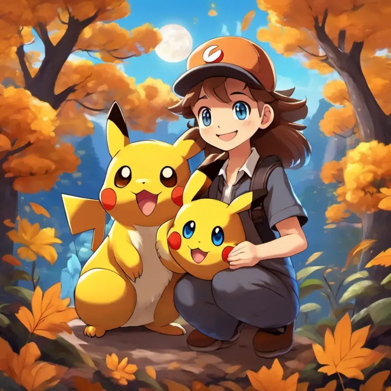 A fluffy brown Pokemon with big round brown eyes happily embracing its family, while A brave and determined young trainer, with brown hair and bright blue eyes, A yellow Pokemon with rosy cheeks and sparkly brown eyes, and other Pokemon watch with smiles