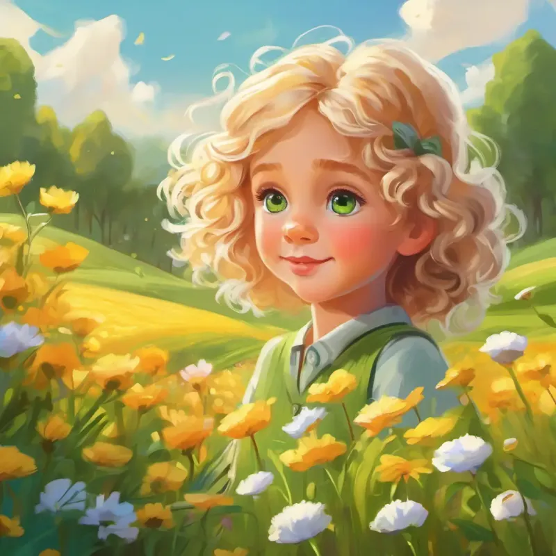Small girl, big green eyes, curly blonde hair, adventurous picking flowers, sunny meadow, peaceful.