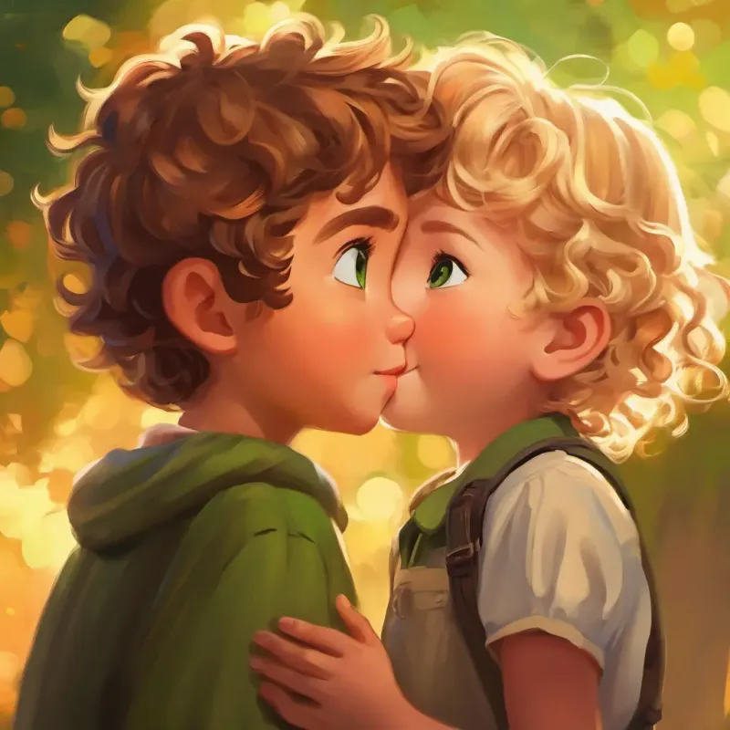 Small girl, big green eyes, curly blonde hair, adventurous kisses Tall boy, brown eyes, short brown hair, brave and kind, happy and safe, joyful ending.