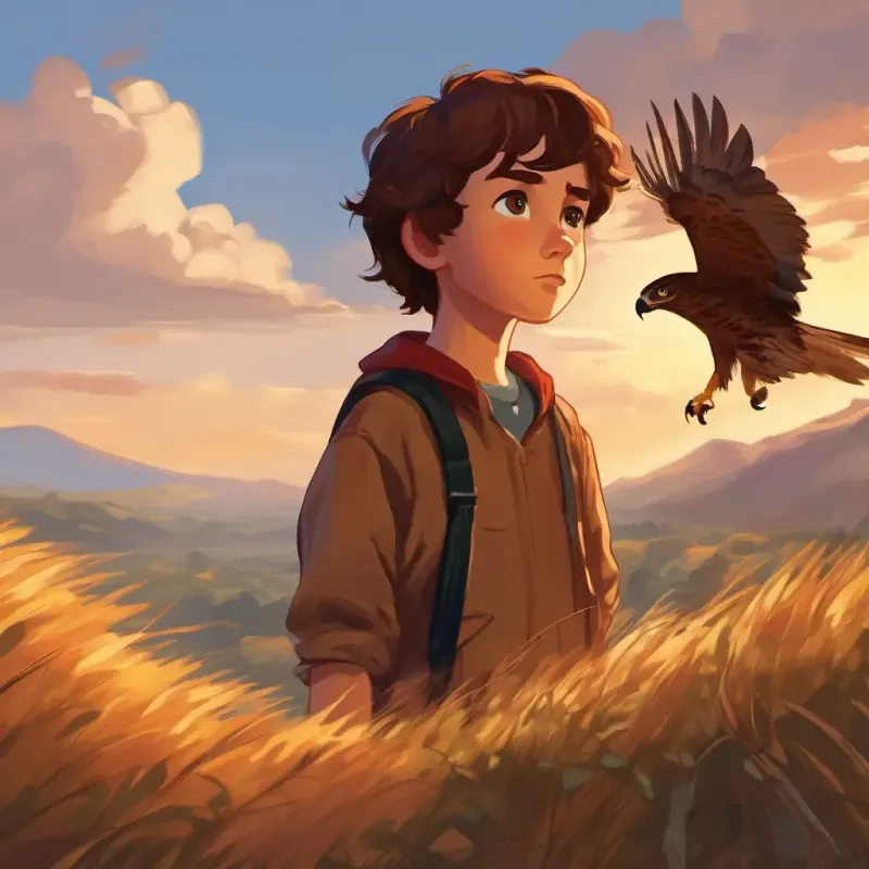 Tall boy, brown eyes, short brown hair, brave and kind confronts hawk, brave and loud, protective.