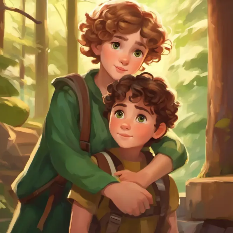 Tall boy, brown eyes, short brown hair, brave and kind caring for Small girl, big green eyes, curly blonde hair, adventurous, safe place, comforting.