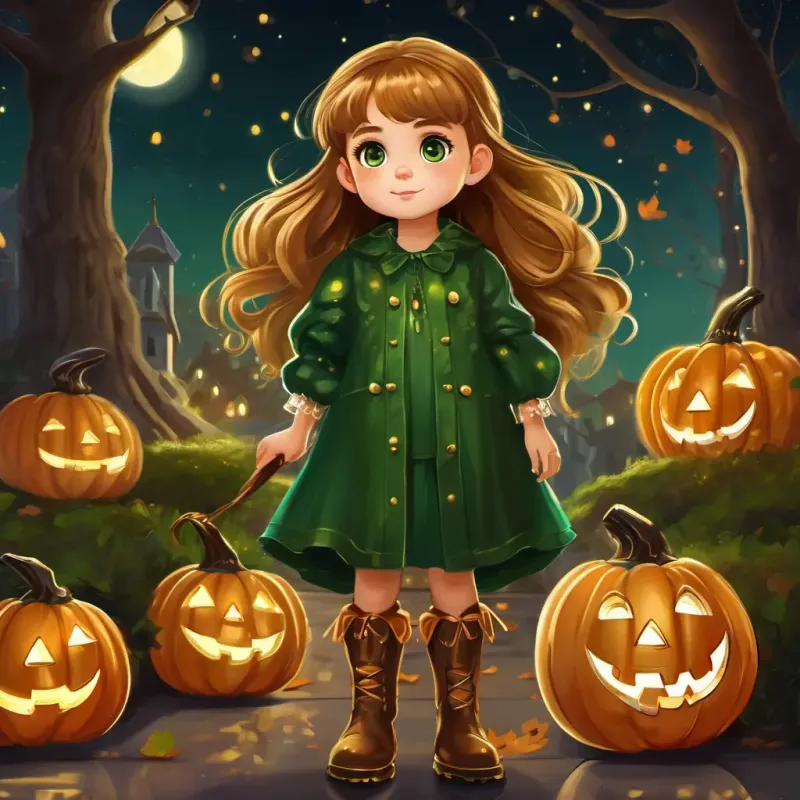 A little girl with golden brown hair and sparkly green eyes, a little girl with golden brown hair and sparkly green eyes. She is wearing big brown boots.