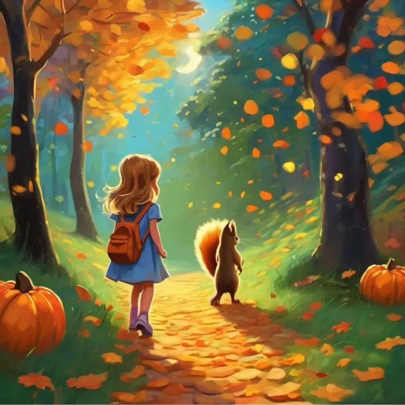 A little girl with golden brown hair and sparkly green eyes and the squirrel walking back home, leaving behind a trail of colorful footprints.