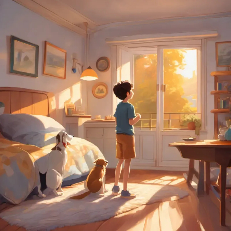 A young boy waking up in a cozy bedroom with golden sunlight streaming through the window and a happy dog waiting by the bed.