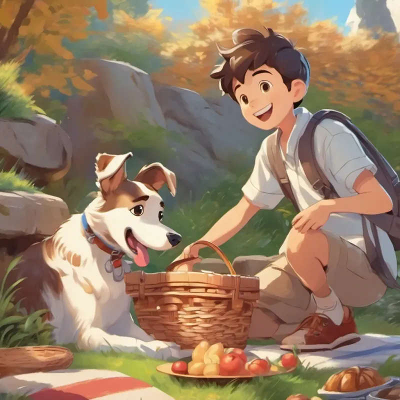 A boy and his dog excitedly packing a picnic basket, preparing to leave for an adventure. The dog is wagging its tail enthusiastically.