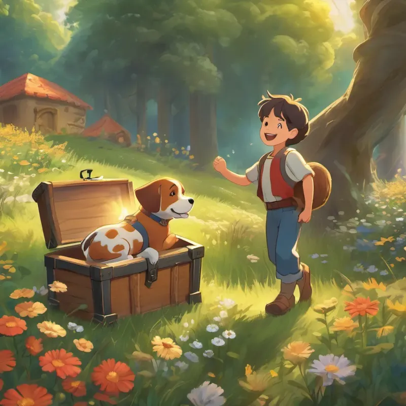 A boy and his dog cheering together near a treasure chest, feeling joyful and magical in the meadow.