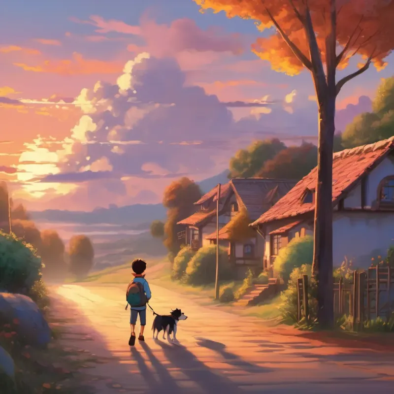 A boy and his dog returning home at sunset, with the sky painted in sleepy, serene colors, embodying the end of a magical day.