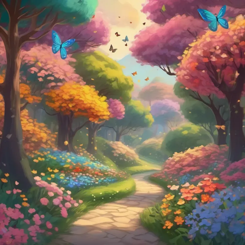 A winding path lined with colorful flowers and dancing trees, filled with fluttering butterflies.