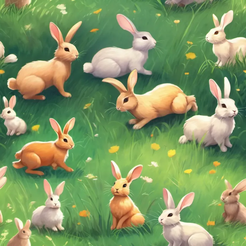 A family of cute rabbits hopping around in a grassy meadow, their noses twitching with curiosity.