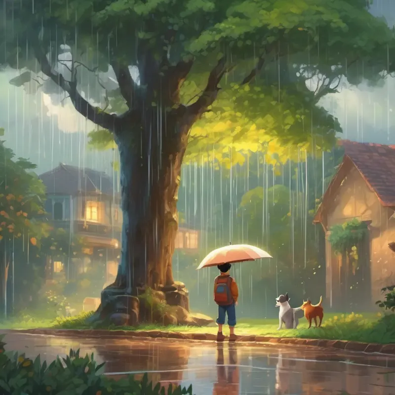 A sudden rain shower with raindrops dancing on leaves, and a boy and his dog taking shelter under the tree.