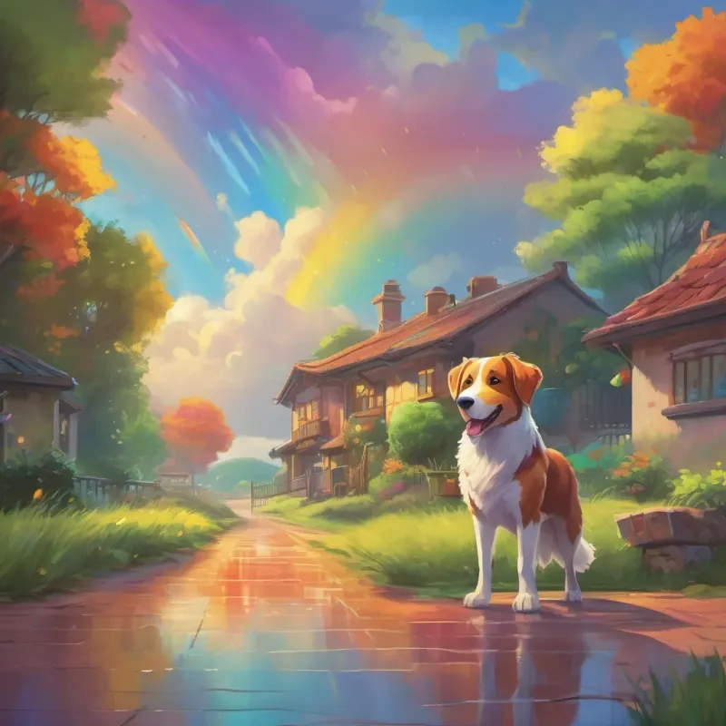 A vibrant rainbow stretching across the sky after a rain shower, with a happy dog barking in delight.