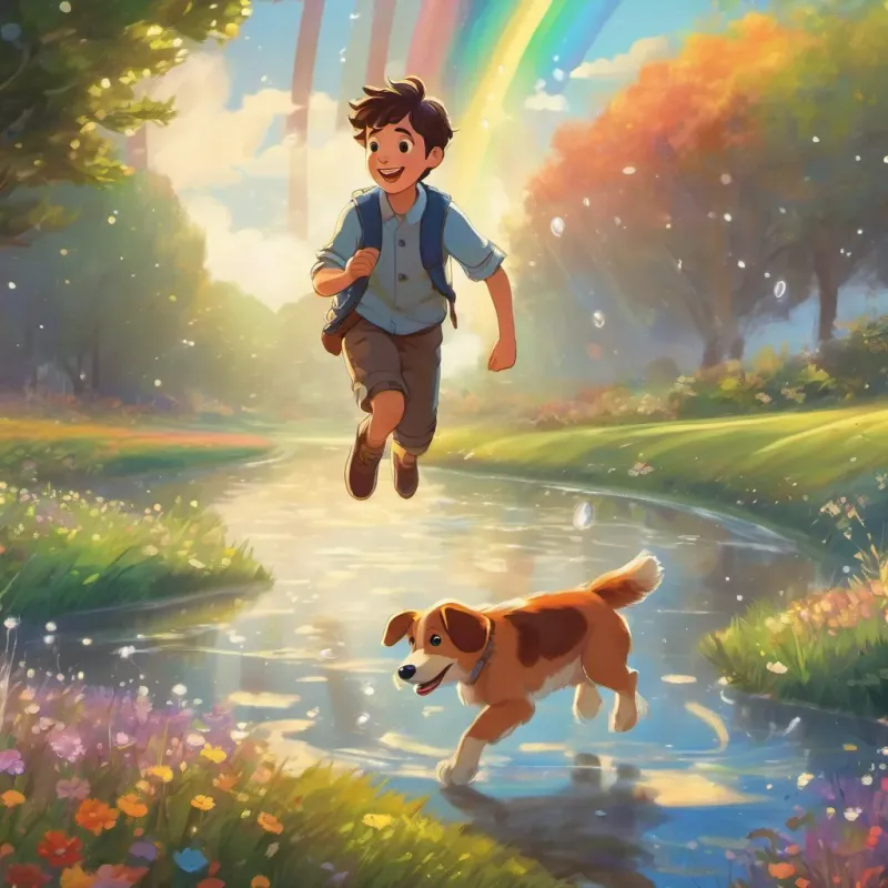 A boy and his dog following the path of a rainbow, jumping over sparkling puddles in the meadow.