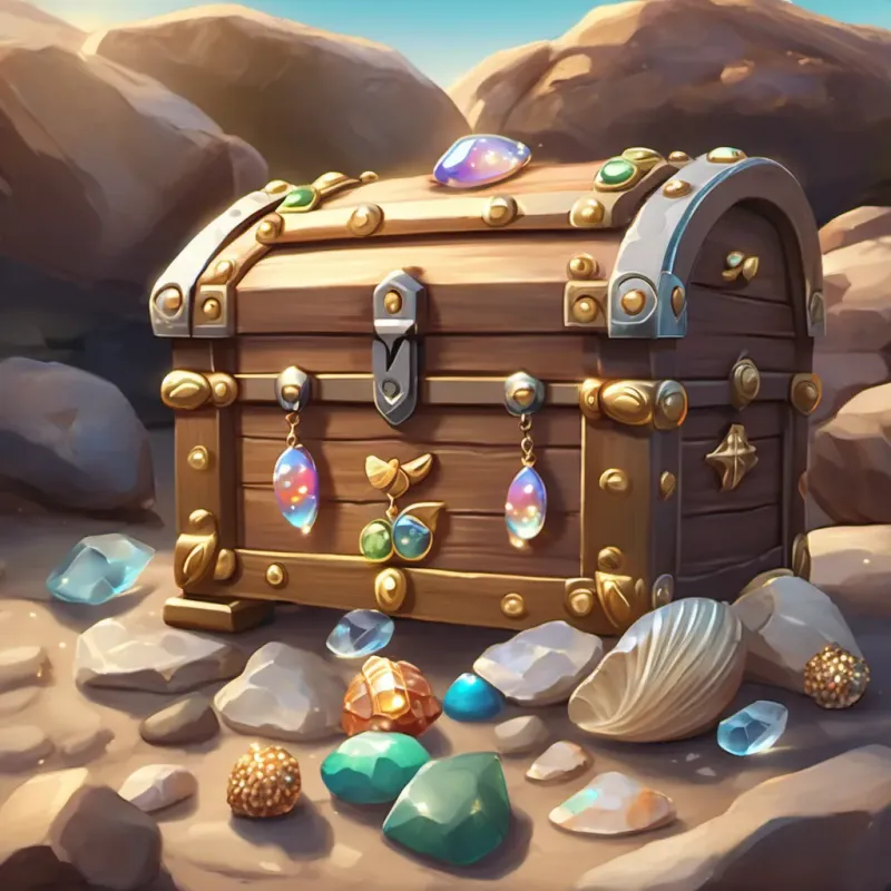A treasure chest filled with glittering stones and shining shells, with a sign that says 'Believe in Magic.'