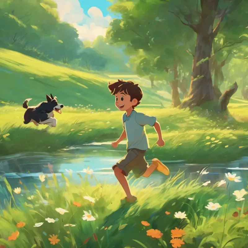 A boy and his dog joyfully running through a meadow, with grass swaying and the dog’s tail wagging energetically.