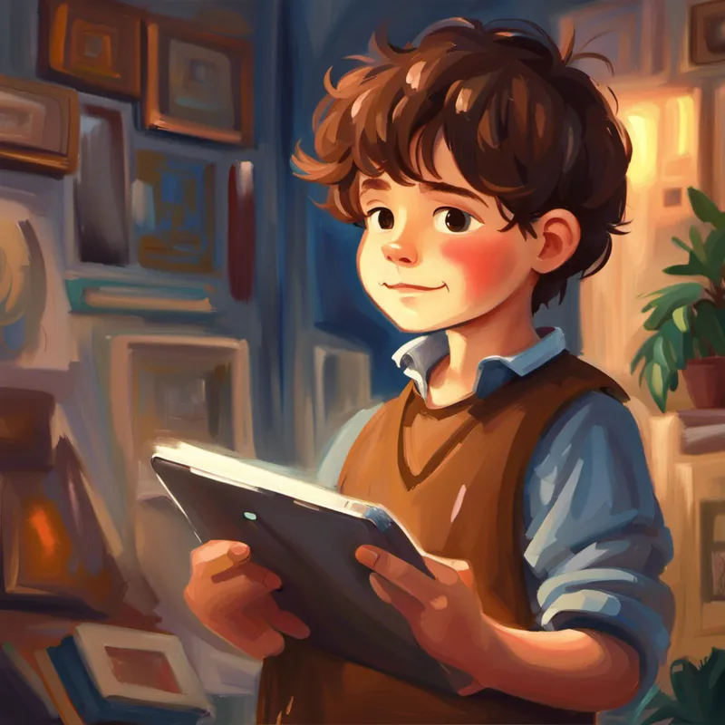 Small boy with brown hair, determined and happy dreaming of art with iPad in hand