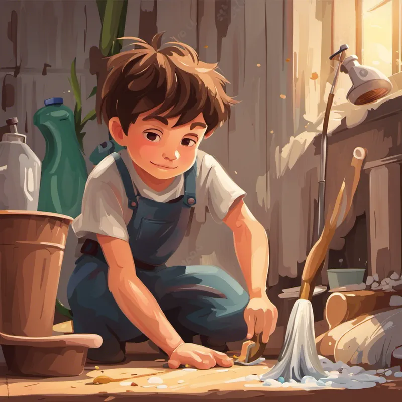 Small boy with brown hair, determined and happy working hard, cleaning and doing chores